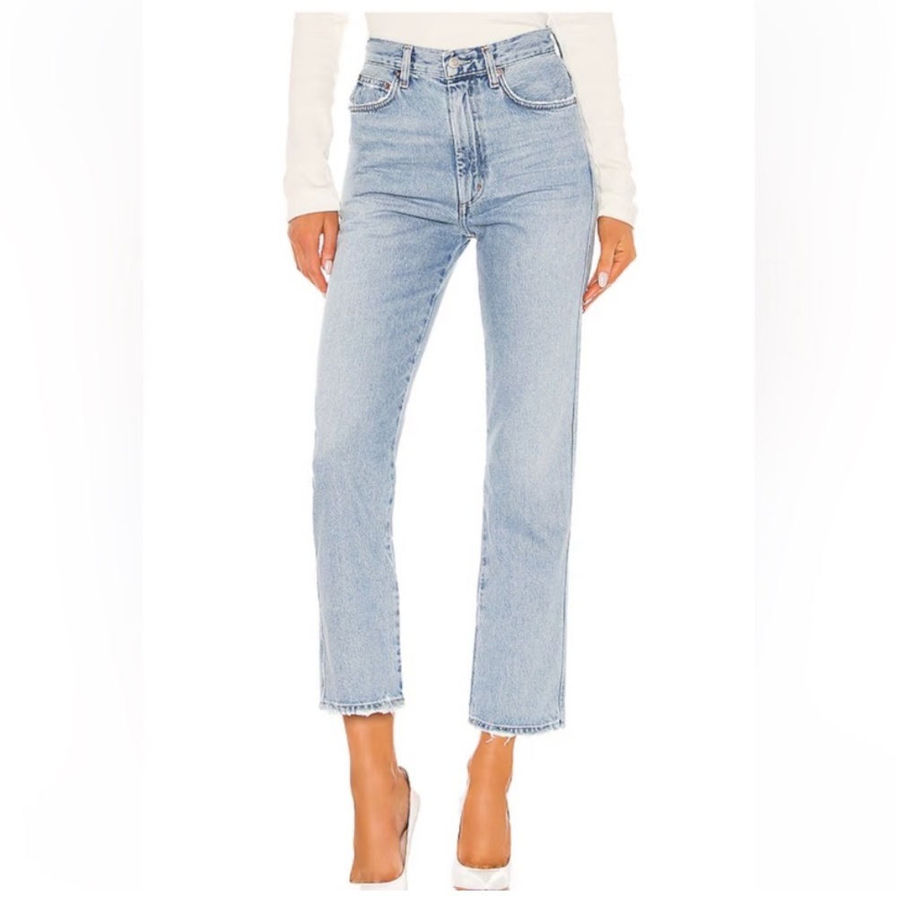 Agolde High Rise Straight Leg Jeans in Light Blue Wash